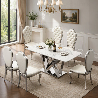 Modern Rectangular Faux Marble Dining Table with Stainless Steel Base, Ideal for 6-8 People, Perfect for Contemporary Spaces