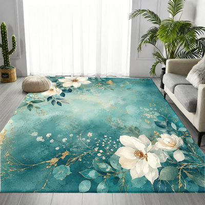 Tapis floral bleu sarcelle à motif floral aquarelle, motif botanique naturel frais, tapis doux antidérapant durable et lavable à la machine, décoration élégante pour le salon, la chambre à coucher, l'entrée, la porte d'entrée, la cuisine, le balcon et l'appartement