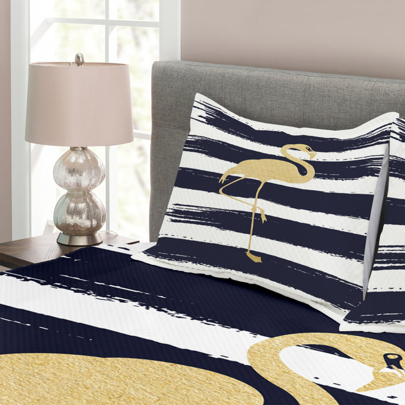 Dark Blue/White/Mustard 100% Microfibre Bedspread, 220 x 264 cm