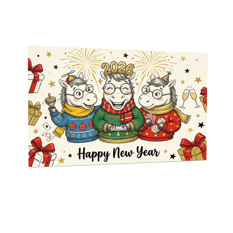 Animaux, bonne année, cheval, fête de famille, H 24 po x l 36 po