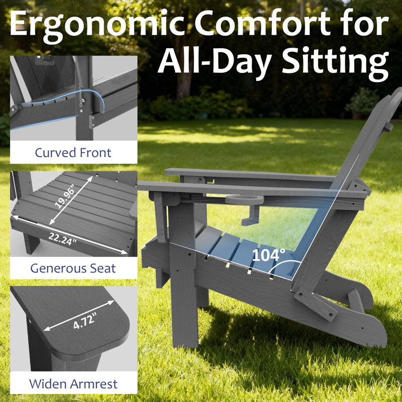 All-Weather HDPE Folding Adirondack Chair Outdoor Patio Fire Pit Chair with Cup Holder, Gray