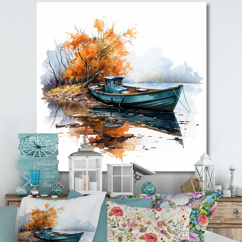 «Autumn Tranquility Canoe By The Lake II», bateau de pêche, art mural, Toile tendue, 16" H x 16" W