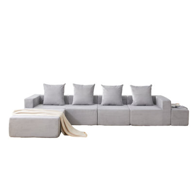 4-Seat Modular Sofa Sectional With Oversized Chaise & Ottomans - Cloud Couch In Soft Corduroy Fabric For Small Spaces, Living Room, Apartment (Gray)
