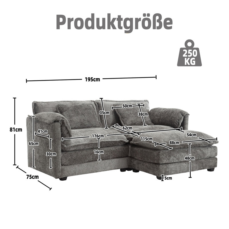 Aidon 2 Seater Chenille Sofa, Grey