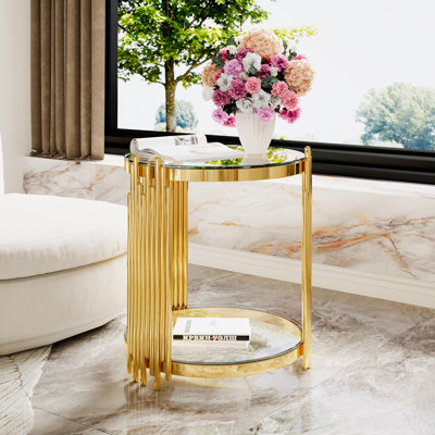Table de bout moderne en verre transparent pour le salon, ronde, métal asymétrique, finition dorée et tablette inférieure, 19,8 po