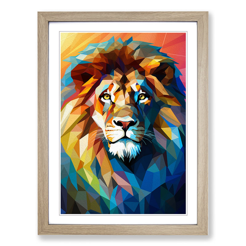 XYZ-FRM-V1223-4258 Lion Cubism No.2 - Single Picture Frame Print on Wood, 34cm H x 25cm W x 2cm D, Oak