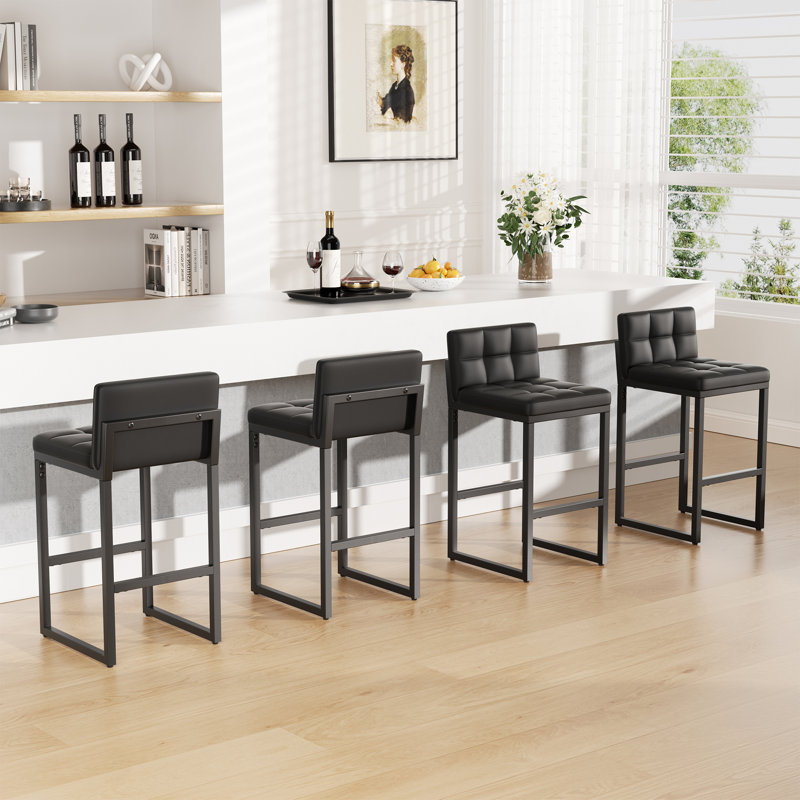 Tabourets de bar robustes et modernes à dossier bas avec structure en métal et revêtement en similicuir, Noir, 4
