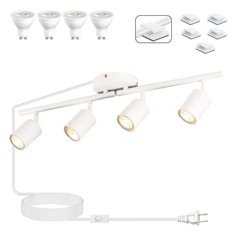 Ensemble d'éclairage sur rail 4 lumières 4 lumières à DEL 80 cm, cordon 16,4 pi, ampoules GU10, blanc