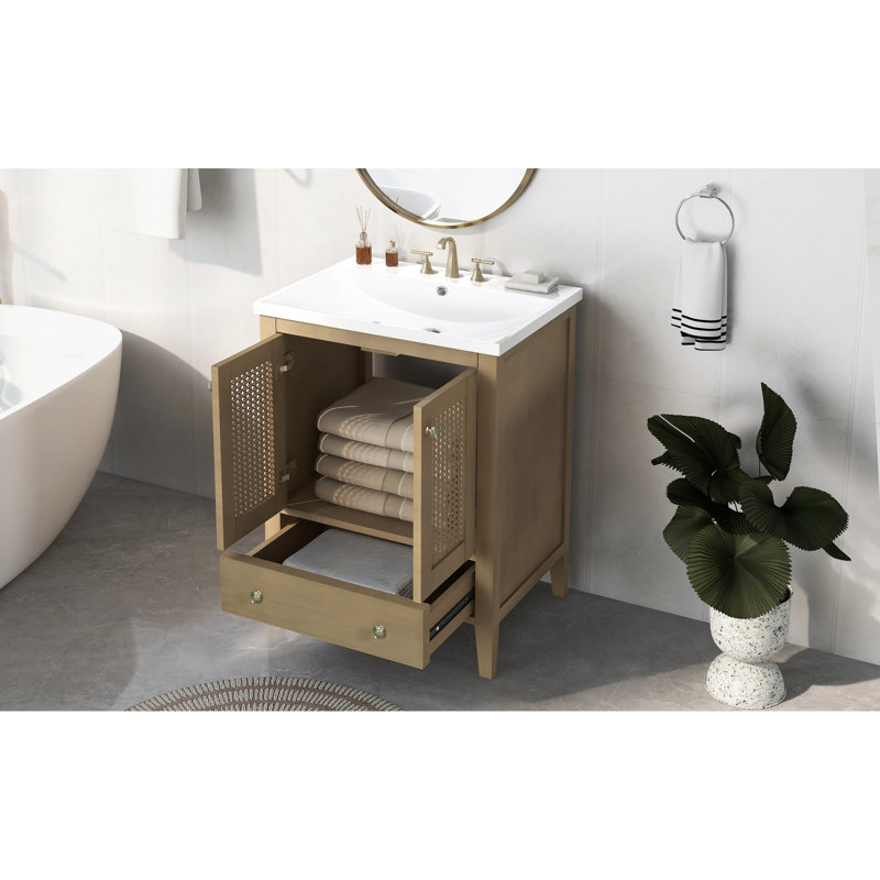 Meuble-lavabo de 24 po avec lavabo en céramique, meuble-lavabo, structure naturelle, rangement abondant, meuble-lavabo simple à installation manuelle, lavabo, support de porte solide,