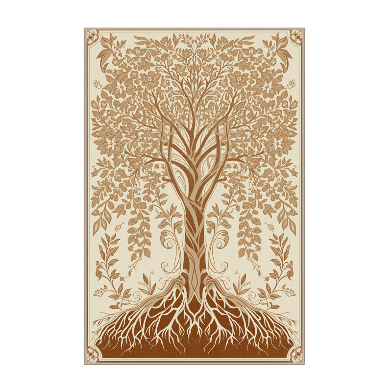 Machine Washable Paizley Tree With Roots Branches Classic Floral Rug in Beige – Beige Binding, 8x12
