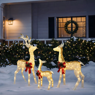 3-Piece Lighted White and Gold Glitter Deer Family Outdoor Holiday Decoration with Red Bows