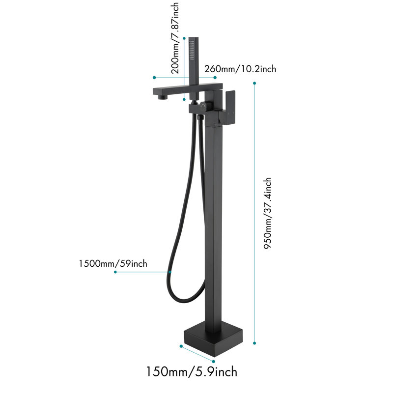 Robinet de baignoire noir mat - fixé au sol avec douche à main et débit d'eau personnalisable avec bec mobile, Noir