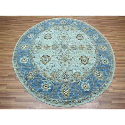 Tapis oriental 7 pi 2 po x 7 pi 2 po bleu pâle, tissage dense, Agra, motif floral All Shah Abbas, teinture végétale, pure laine, noué à la main, rond, tapis oriental
