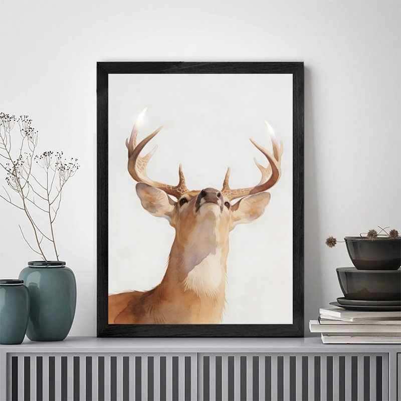 Impression encadrée noire de cerf enchanteur rétro de style aquarelle réaliste, H 25 po x l 17 po