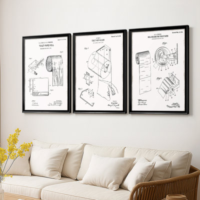 Toilet Paper Patent I  -Custom Framed  Wrapped Gallery Canvas - 3 Pieces