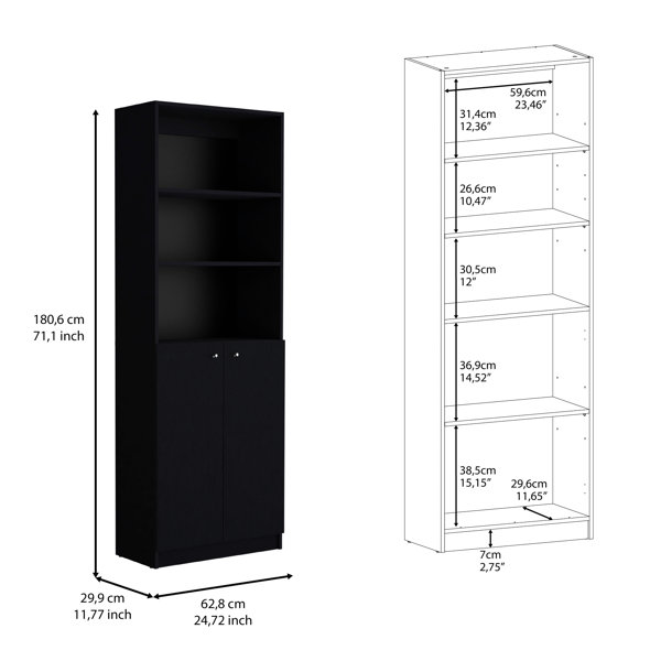 Wovilo 2 Bookcase Living Room In Black - Horizontal Shelves For Extra ...