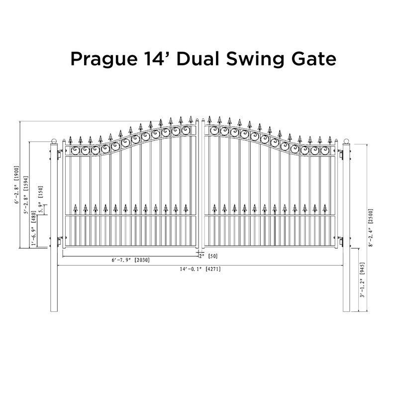 Prague Style Black Steel Dual Swing Driveway Gate 14x6 Feet