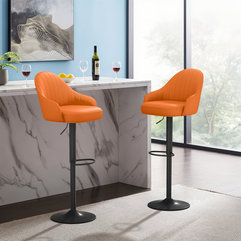 Adjustable Height Bar Stools, Modern Faux Leather 360° Swivel Chairs With Backrest For Kitchen Or Dining, Orange