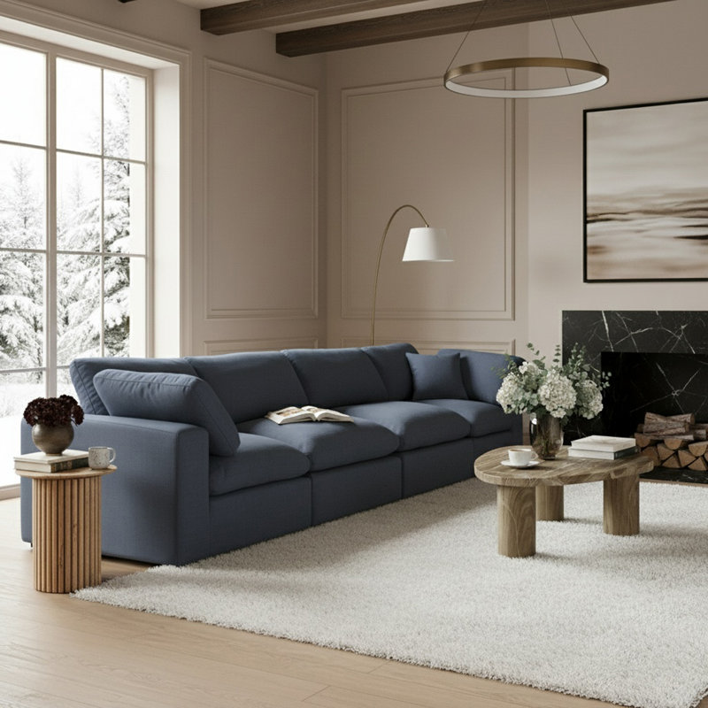 Canapé modulaire en lin texturé Iwana, Tissu texturé en lin bleu marine