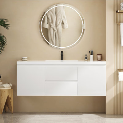 Meuble-lavabo simple 59,1 po avec comptoir et deux tiroirs, ensemble de meuble-lavabo mural flottant (robinet non inclus), entièrement assemblé