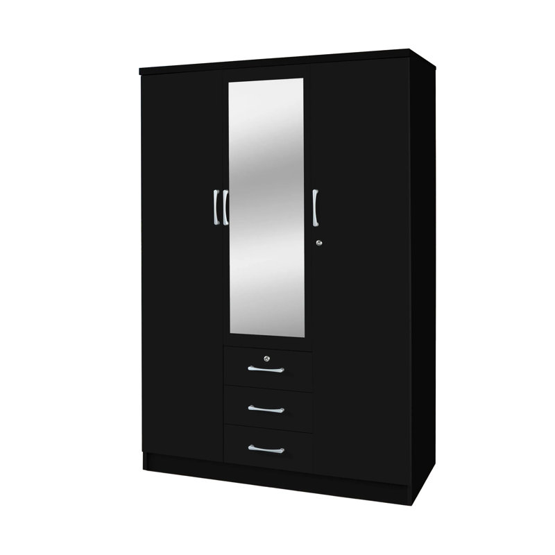 Garde-robe 3 portes / 3 tiroirs avec miroir, Noir