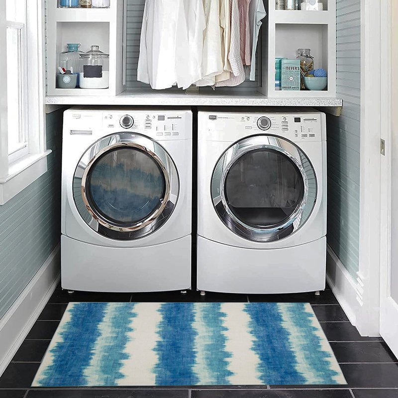Apopka Watercolor Stripe Ivory and Blue Indoor Outdoor Machine Washable Area Rug, Rectangle 2' x 3'