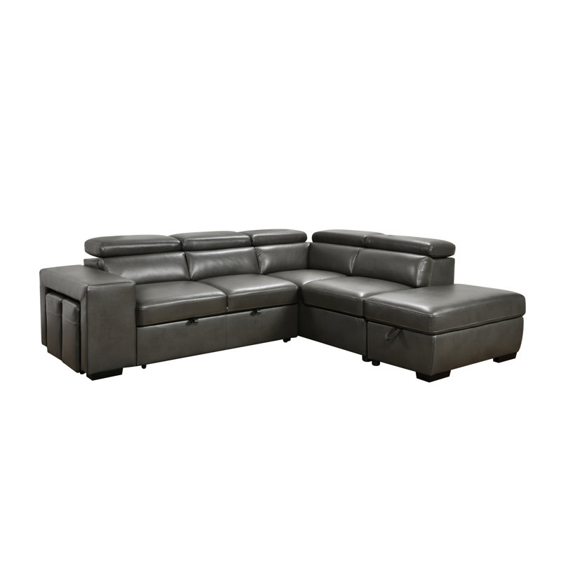 103" Wide Faux Leather Sectional Sleeper Sofa With Adjustable Headrest ,Sleeper Sectional Pull Out Couch Bed With Storage Ottoman And 2 Stools