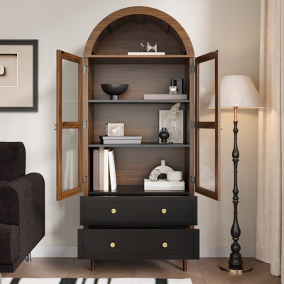 Arched Storage Cabinet with Glass Door, Walnut Finish & Gold Ring Handles