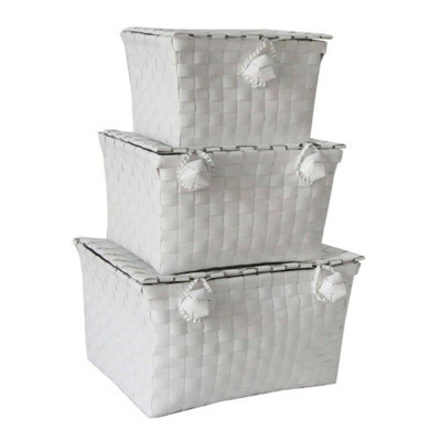 MantraRaj Pack of 3 Woven Lidded Storage Baskets White Storage Organiser Hamper Baskets For Shelves 