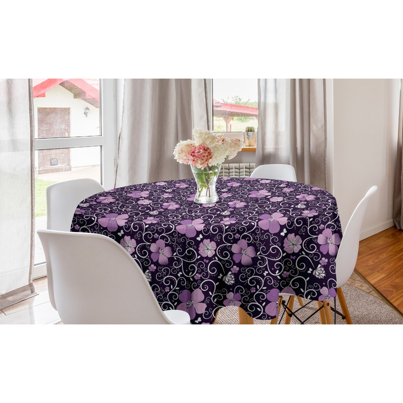 Ambesonne Floral Round Tablecloth, Butterfly Silhouettes With Plant Flower Patterned Design Swirls Curves, Circle Table Cloth Cover For Dining Room Kitchen Decoration, 60", Lilac Dark Purple White