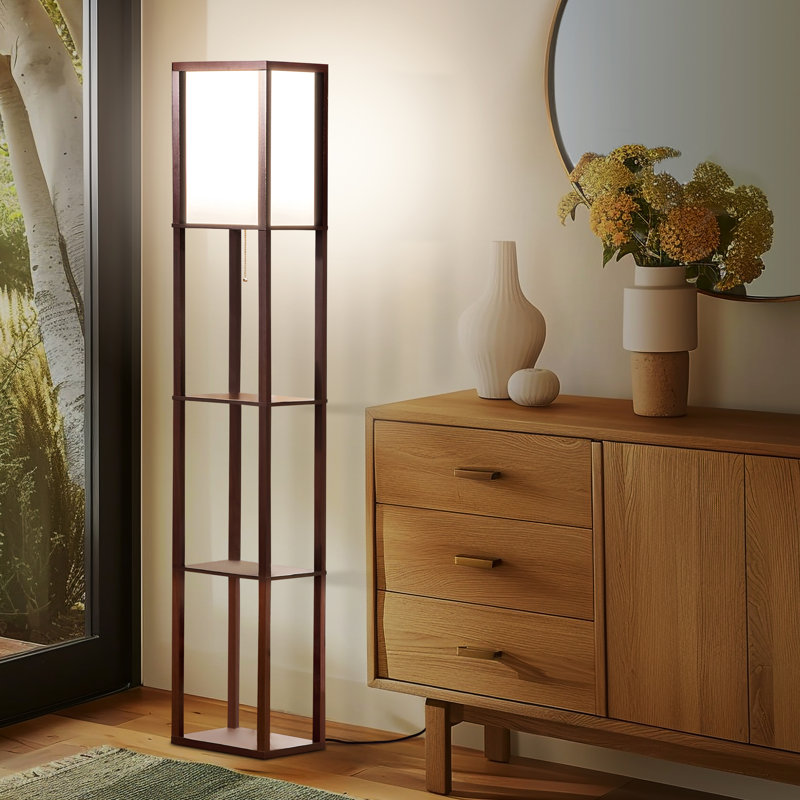 Maxwell 63 in. Traditional LED 3-Shelf Floor Lamp with Fabric Square Shade, Havana Brown