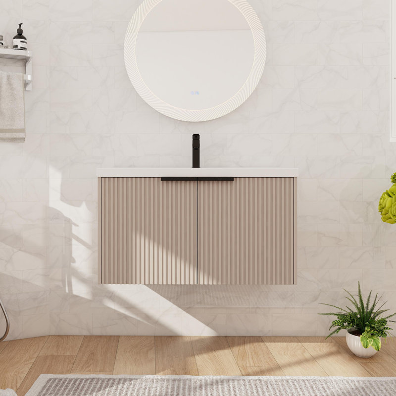 Ensemble de meuble-lavabo flottant simple 36 po, meuble-lavabo mural avec lavabo en résine, 2 portes, Kaki