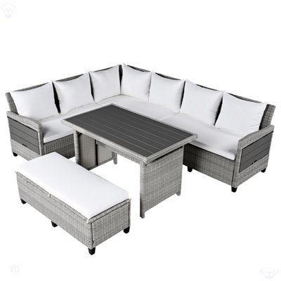 Ensemble de canapé de patio extérieur en rotin 5 pièces, ensemble de mobilier de jardin en forme de L en osier modulaire avec 2 tables d'appoint extensibles, table de salle à manger et housses lavables pour la cour, la piscine et l'intérieur
