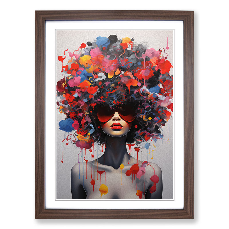 Woman With Curls Neo-Plasticism - Single Picture Frame Print on Wood, Walnut, 46cm H x 34cm W x 2cm D