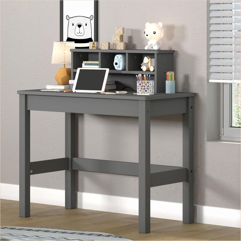 Bureaux, bureau d'écriture gris moderne avec huche intégrée & amp; Gestion des câbles | Gris | Bois + bois synthétique