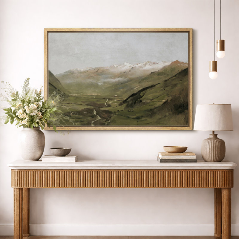 «Rustic Countryside», «Vintage Green Mountain Valley Nature Landscape Art, Classic Serene Calm Relax Wall Walls, Large Encadré, Impression Giclée Sur Toile»