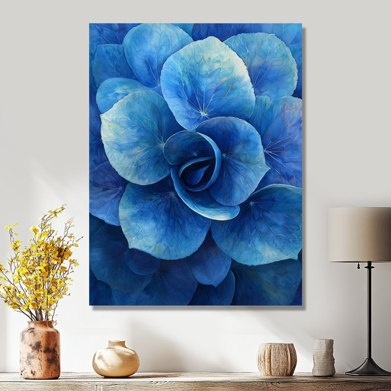 Hortensia bleu et vert Vortex II - art mural en métal Hydrangea pour le salon, H 40 po x l 30 po