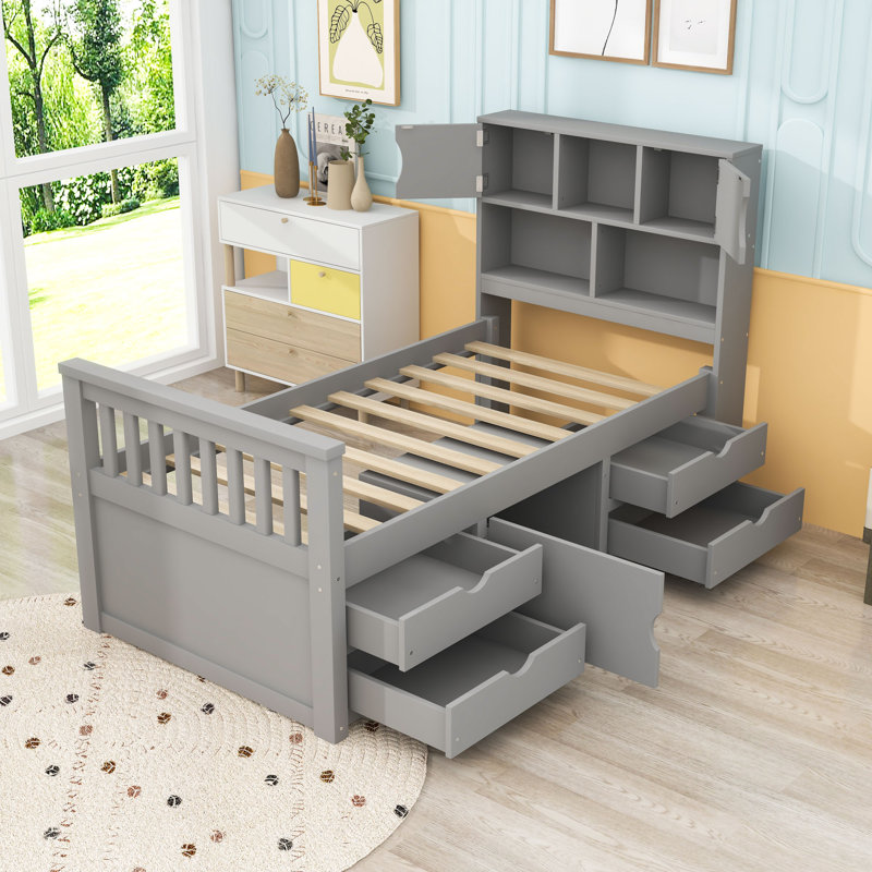 Lit plateforme avec bibliothèques, tablettes et tiroirs de rangement, gris, Twin