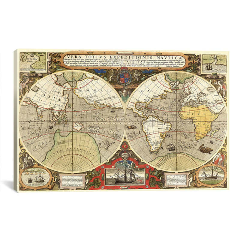 Carte historique du monde (1595), impression sur toile, H 40 po x l 60 po x P 1,5 po, Toile tendue, Pas de tapis