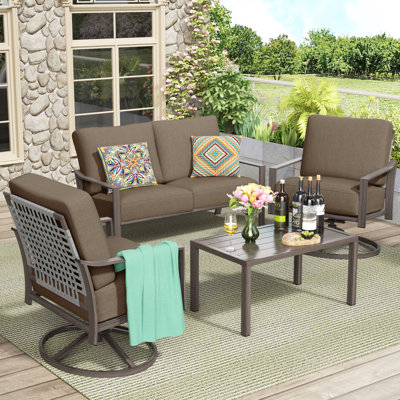 4 Pieces Metal Outdoor Conversation Set With 2 Hand-Woven Rope Swivel Rocking Chairs
