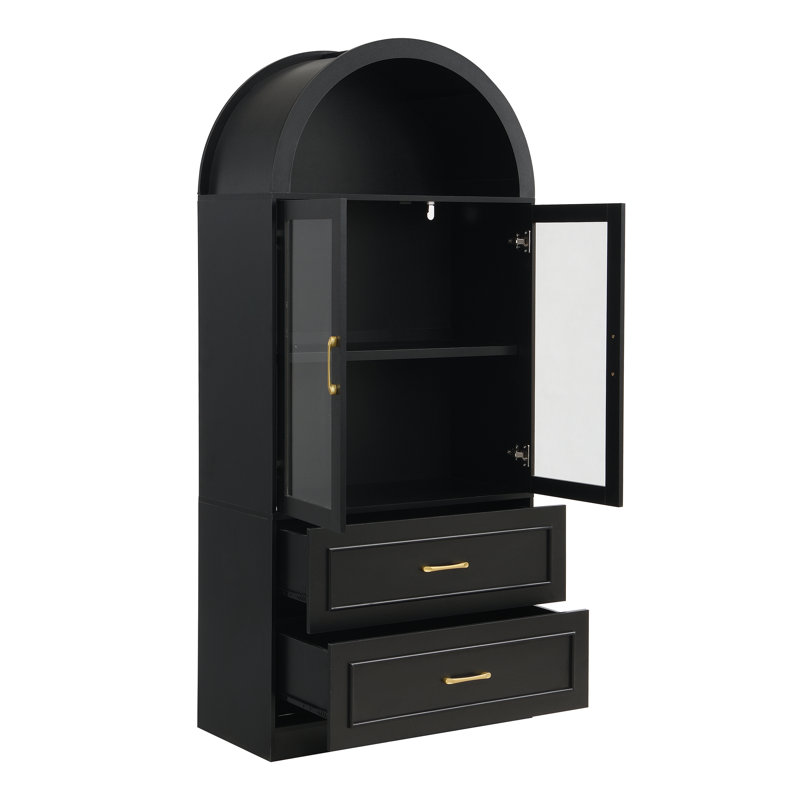 Armoire de rangement néo-classique arquée avec portes en verre trempé et tablettes fixes Fleeton, Black, 2