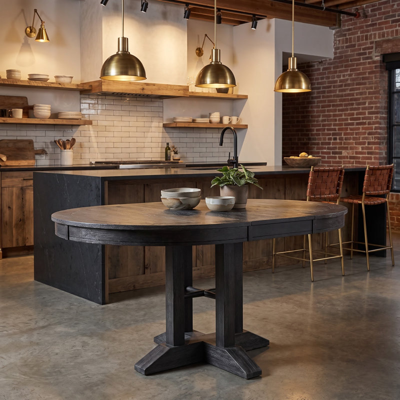 Table de salle à manger ronde extensible de style campagnard, plateau ovale convertible de 107 cm à 142 cm, en placage de chêne et piètement en X – Table ronde idéale pour la cuisine et la salle à manger