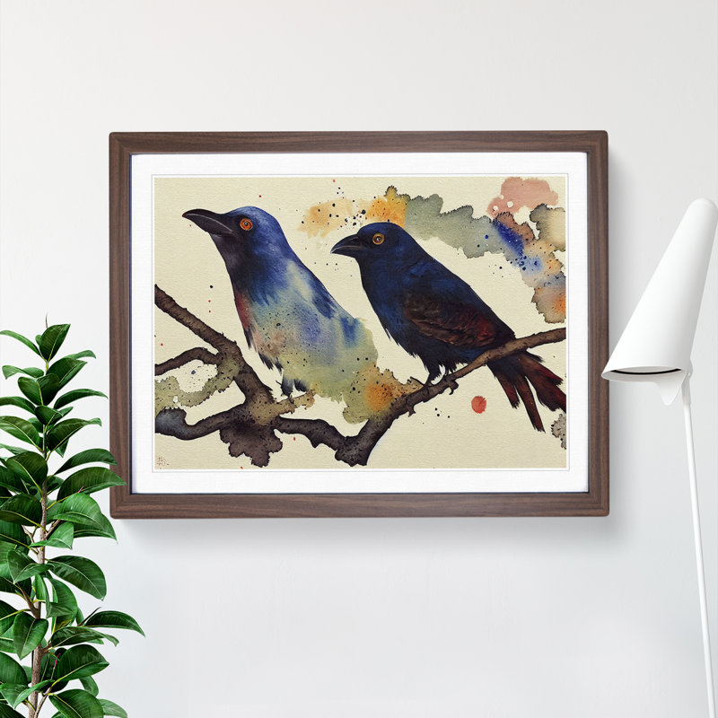 Crow Bird Watercolour Vol.2 - Framed Print, 46cm H x 64cm W x 2cm D, Walnut