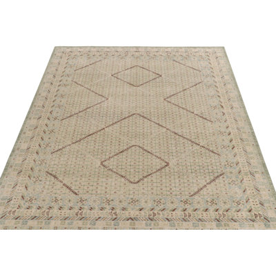 Khotan Distressed Rug In Beige Green Blue Geometric Pattern  Rug  Kilim