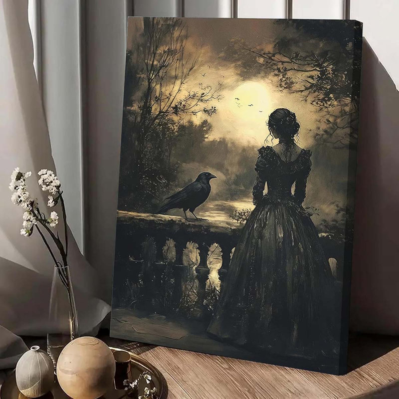 Black Crow Canvas Wall Art Dark Academy Painting Picture Wall Decor Victorian Woman Poster Print Artwork., 60 cm H x 40 cm W