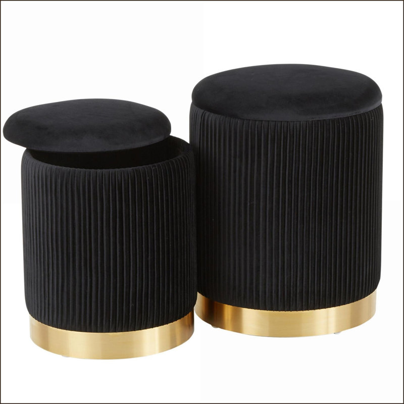 2-Piece Nesting Ottomans with Pleated Black Velvet, Contemporary Glam|Metal, Black