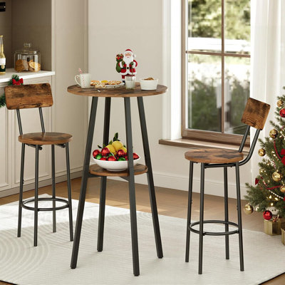3-Piece Round Bar Height Table And Chairs Set - Rustic Brown - Round Dining & Pub Table With 2 Tier Kitchen Table And Bar Stools With Back For Small Spaces