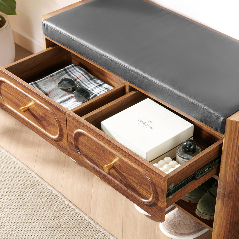 4 Pair Upholstered Shoe Storage Bench, Walnut