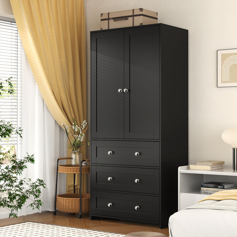 2-Door Sandrea With Mirror, Wardrobe Closet With 3 Drawers, Noir