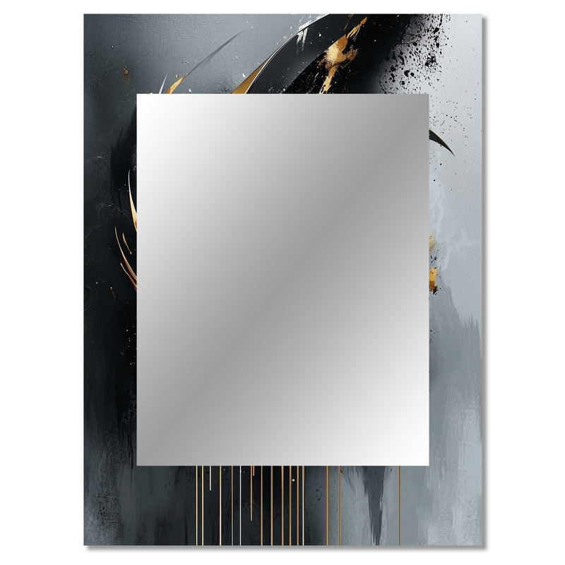 Noir et doré, formes abstraites et lignes I - miroir décoratif de formes abstraites, grand miroir mural moderne, art imprimé en métal